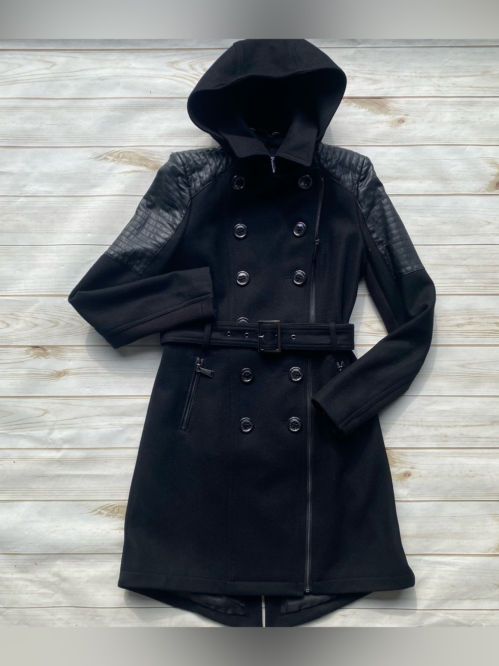BCBGeneration black wool hooded double breasted winter dress coat Y2K academia